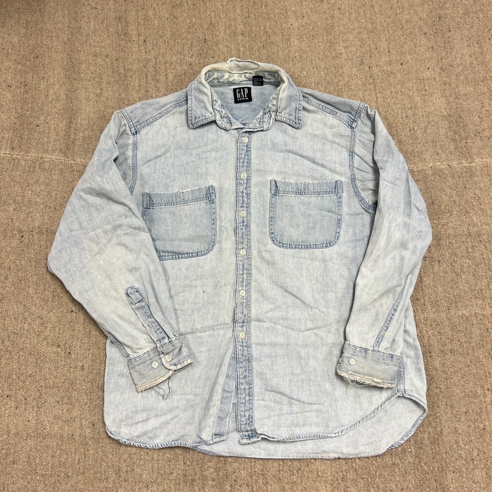 Vintage Gap Denim Button Up Shirt Mens Large‎ Blue 1990s Distressed